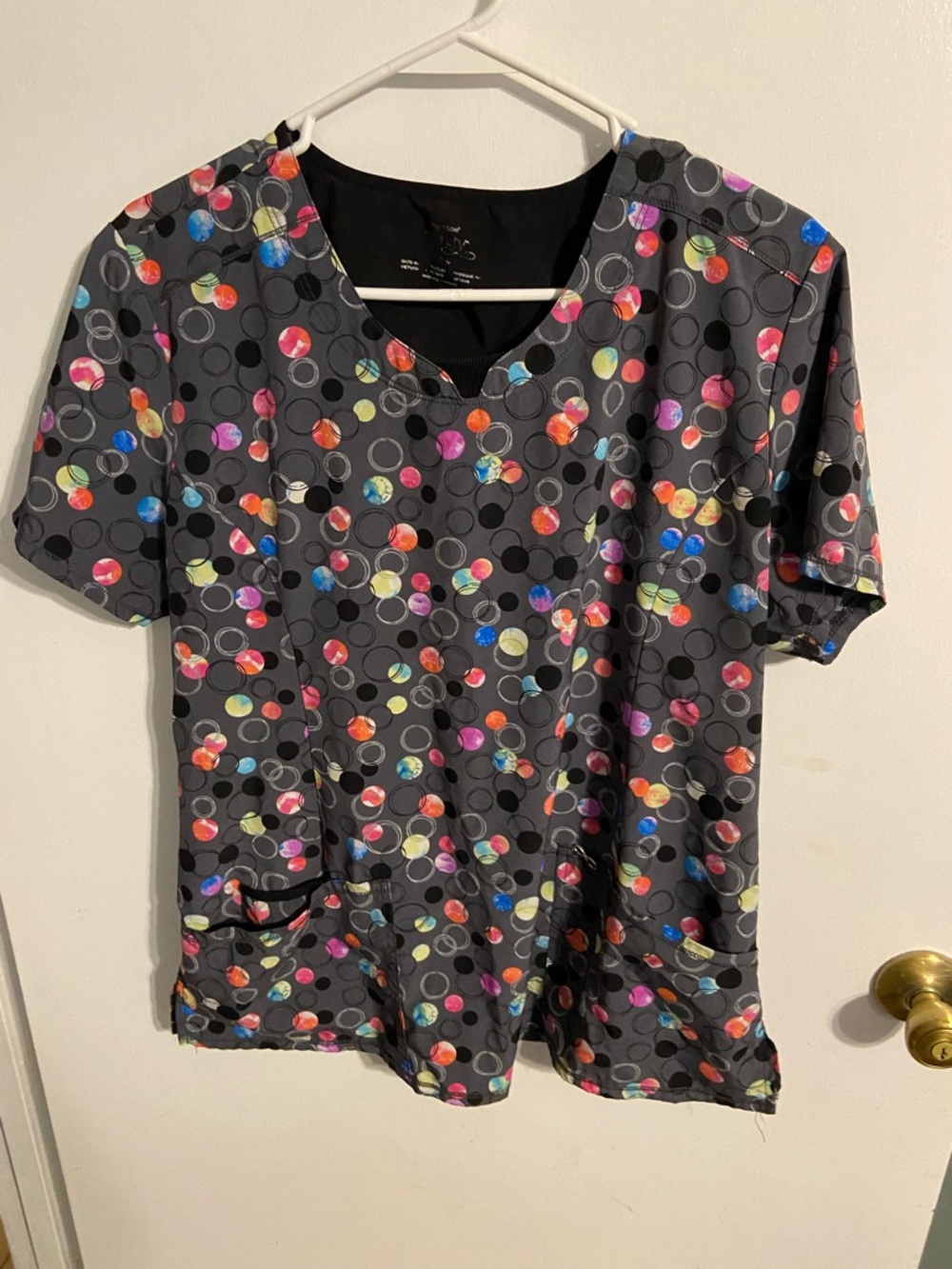 NFINITY Women’s Gray Scrub Top with Multicolor Dot Print